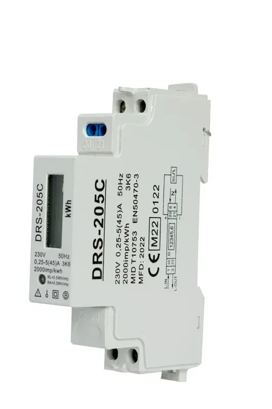 Tovární Cena Elektroměr DRS-205C 5-45A MID B+D M-BUS, 1-fázový, LCD displej, 1-tarifní, 1modulový na DIN lištu