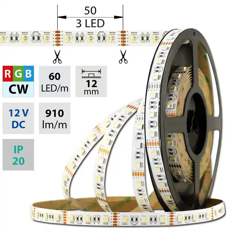 MCLED Pásek LED SMD5050 RGB + CW, 60LED/m, 19,2W/m, 910lm/m, IP20, DC 12V, 12mm, 5m Originální