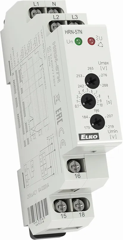 Nová Kolekce ELKO EP Relé HRN-57N 3x400V/230V AC kontrola napětí v 3-fázové síti