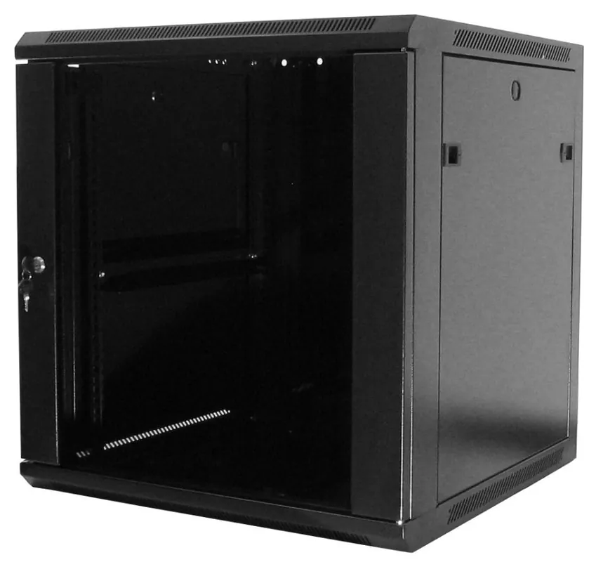 Nástěnný datový rozvaděč LAN-TEC, složený 19" 15U 600x450 skleněné dveře černý WM.6415.B 1108-011 Vysoce Kvalitní