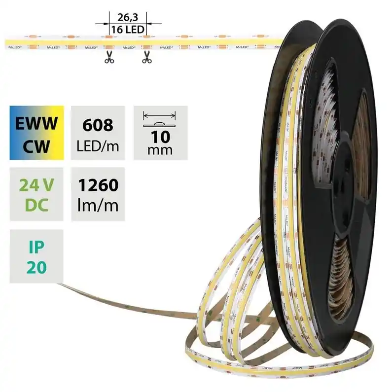 Koupit Online LED pásek McLED COB dual white EWW-CW 608LED/m 14W/m DC 24V 1260lm/m CRI90 IP20 modul 26,3mm 10mm 50m ML-127.641.90.2