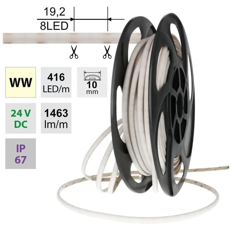 Autentický LED pásek MCLED SOB WW 416LED/m 14W/m DC 24V 1463lm/m CRI90 IP67 modul 19,2mm 10mm 50m ML-126.092.90.2