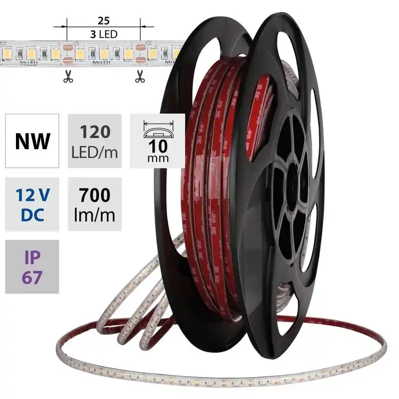 MCLED LED PÁSEK SMD2835 NW, 120LED/M 7,2W/M DC 12V 700LM/M CRI90 IP67 10MM 5M, ML-121.007.90.0 Autentický