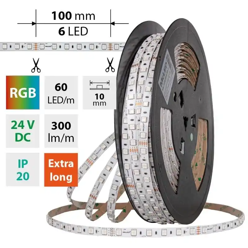 MCLED LED PÁSEK SMD5050 RGB 60LED/M 8W/M DC 24V 300LM/M IP20 10MM 5M, ML-128.005.90.0 Dokud Zásoby Vydrží