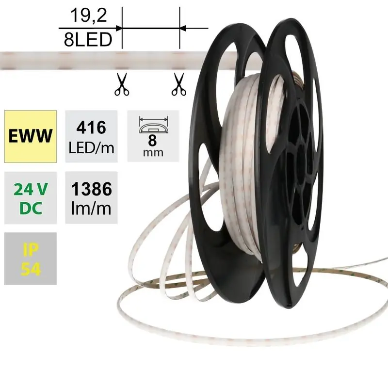 Nová Kolekce MCLED PÁSEK DOT-FREE EWW 416LED/M 14W/M DC 24V 1386LM/M CRI90 IP54 MODUL 19,2MM 8MM 50M ML-126.081.90.2