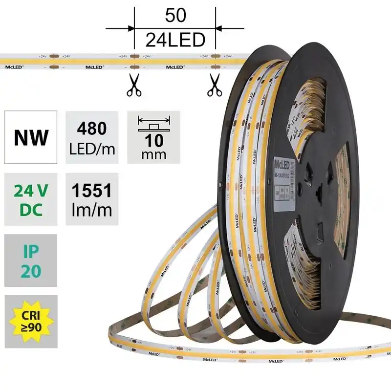 Finální Výprodej MCLED LED PÁSEK COB NW 480LED/M 15W/M DC 24V 1600LM/M CRI90 IP20 10MM 5M ML-126.057.83.0