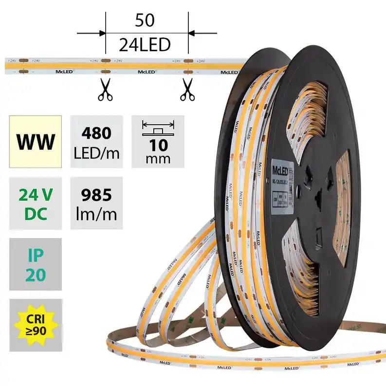 MCLED LED PÁSEK COB WW 10W/480LED/985LM 24VDC CRI90 IP20 Š. 10MM 50M ML-126.055.83.2 Bezpečná Platba